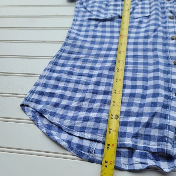 H&M LOGG Shirt Womens Blue White Button Up Plaid Shirt Short Sleeve Cotton Sz 14 - Picture 5 of 11